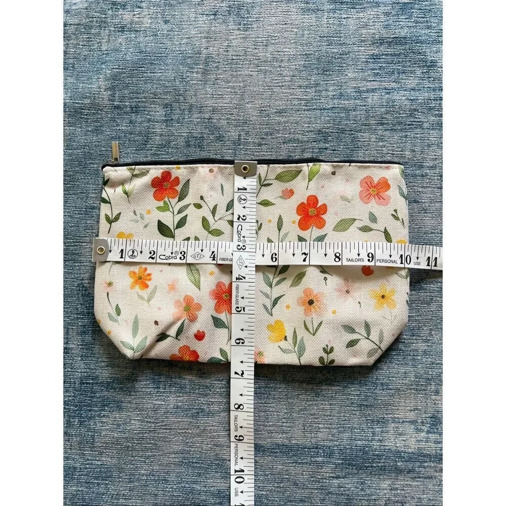 Orange Yellow Flower Cotton Canvas Small Makeup Bag Travel Toiletry Pouch